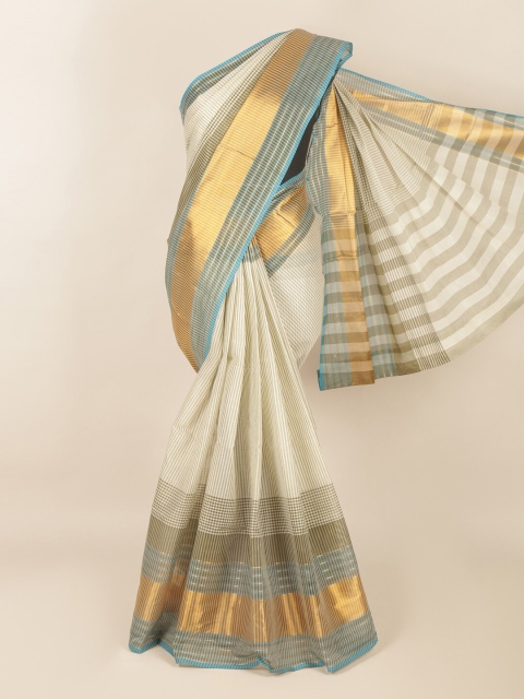 

Pothys Off White & Gold-Toned Striped Zari Saree