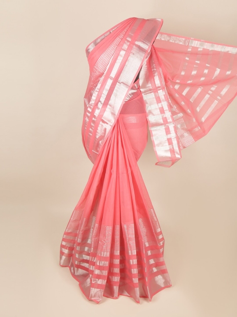 

Pothys Peach-Coloured & Silver-Toned Zari Cotton Blend Saree