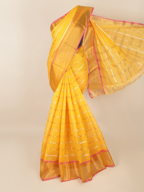 

Pothys Yellow & Silver-Toned Striped Zari Saree