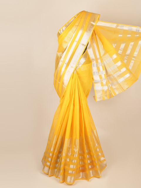 

Pothys Yellow & Silver-Toned Striped Cotton Blend Saree