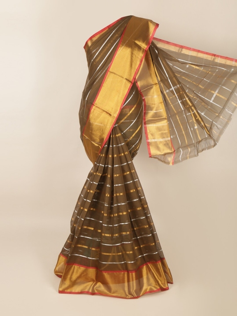 

Pothys Brown & Gold-Toned Striped Zari Saree