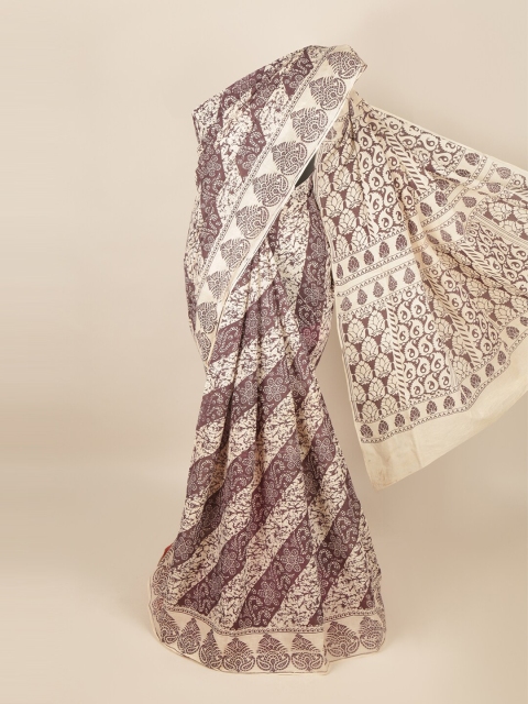 

Pothys Cream-Coloured & Brown Ethnic Motifs Printed Saree
