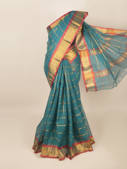 

Pothys Blue & Gold-Toned Checked Zari Saree