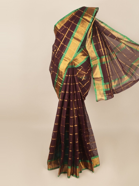 

Pothys Burgundy & Gold-Toned Checked Cotton Blend Saree
