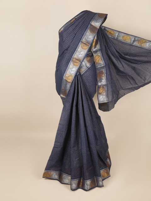 

Pothys Navy Blue & Silver-Toned Checked Zari Saree