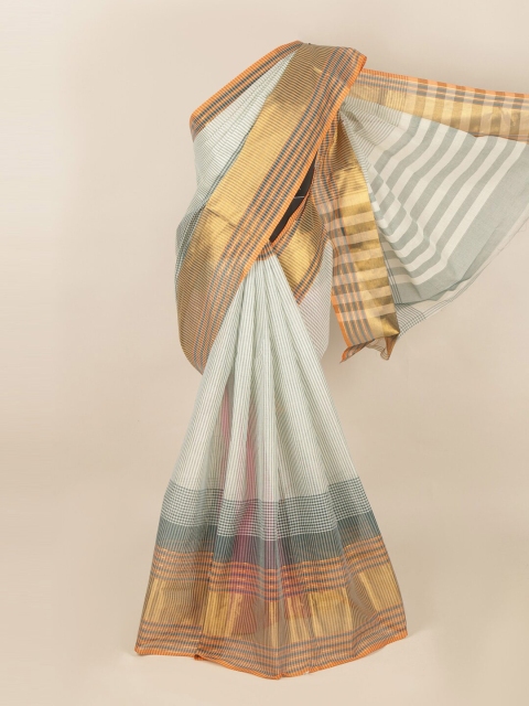 

Pothys Grey & Gold-Toned Striped Cotton Blend Zari Saree