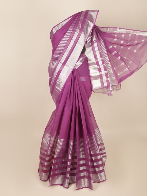

Pothys Purple & Silver-Toned Striped Zari Cotton Blend Saree