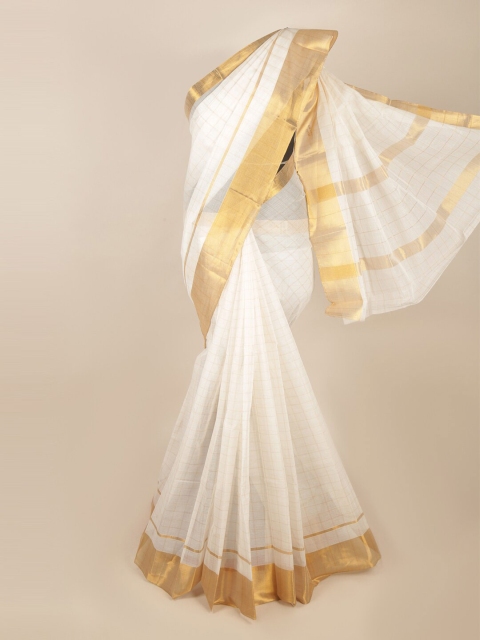

Pothys White & Gold-Toned Checked Zari Saree