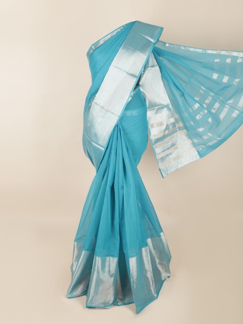 

Pothys Blue & Silver-Toned Zari Cotton Blend Saree