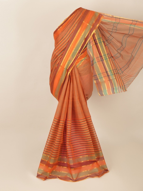 

Pothys Orange & Green Striped Cotton Blend Saree