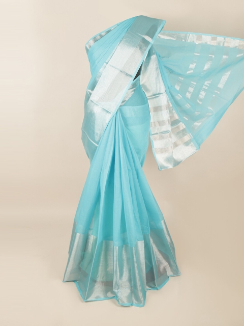 

Pothys Blue & Silver-Toned Zari Cotton Blend Saree