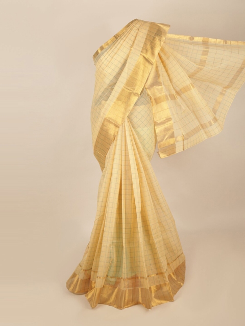 

Pothys Cream-Coloured & Gold-Toned Checked Zari Saree