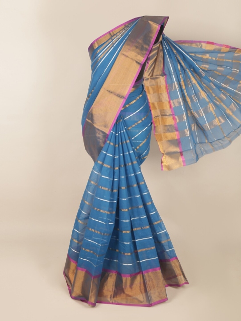 

Pothys Blue & Gold-Toned Striped Zari Saree