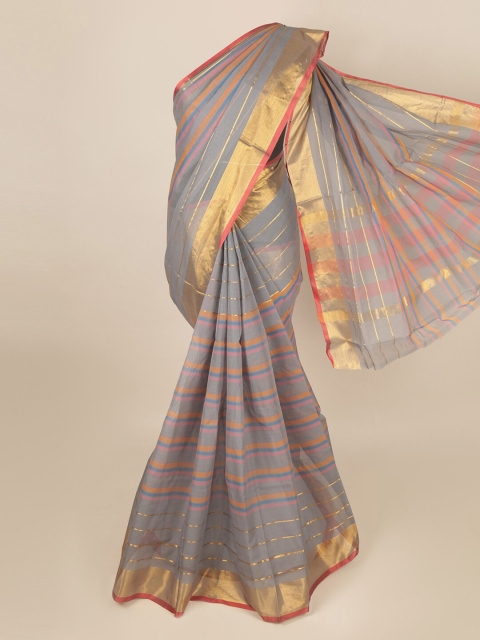

Pothys Grey & Gold-Toned Striped Zari Saree