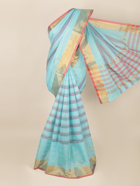 

Pothys Blue & Peach-Coloured Striped Zari Saree