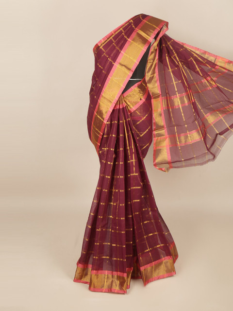 

Pothys Purple & Gold-Toned Checked Zari Saree