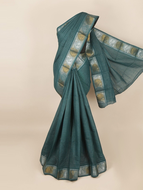 

Pothys Green & Silver-Toned Checked Zari Saree