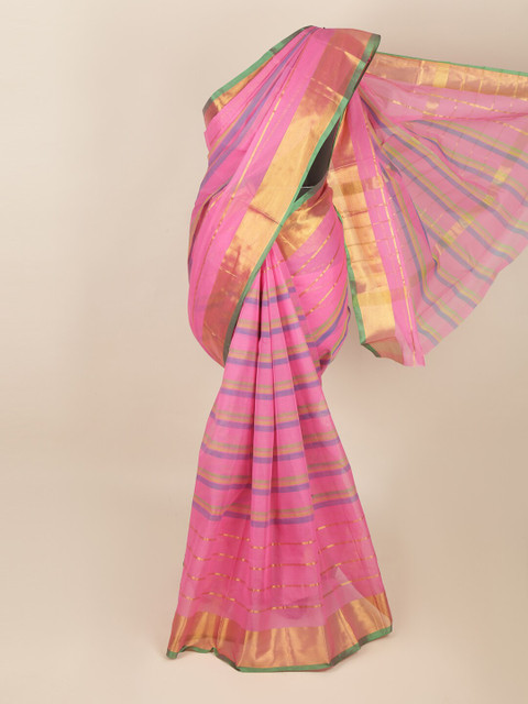 

Pothys Pink Striped Zari Cotton Blend Saree