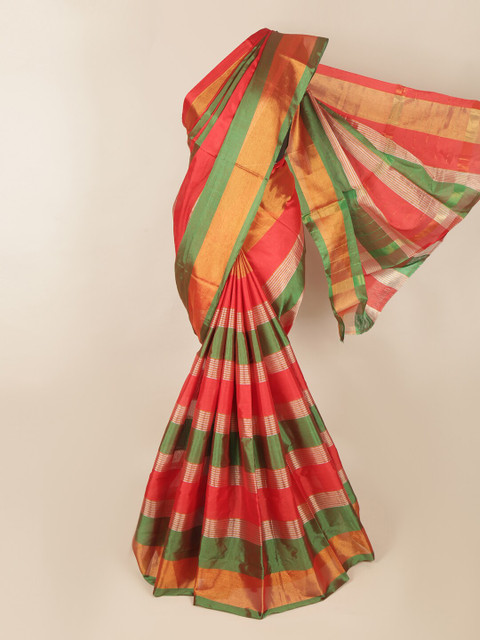 

Pothys Red & Green Striped Poly Cotton Saree