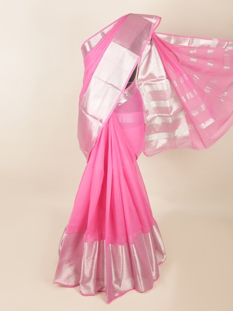 

Pothys Pink & Silver-Toned Zari Cotton Blend Saree