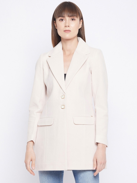 

Okane Women Off White Solid Hip Length Trench Coat