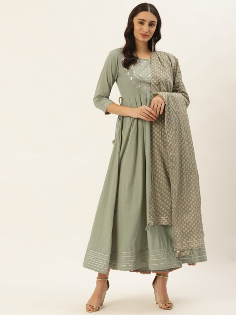 

TARA-C-TARA Green Embellished Embroidered Ethnic Maxi Dress with Dupatta