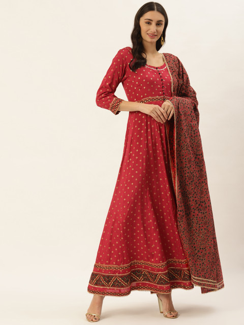 

TARA-C-TARA Maroon Floral Ethnic Maxi Dress with Dupatta