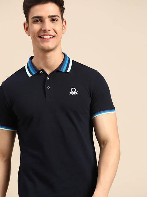 

United Colors of Benetton Men Navy Blue Polo Collar Pure Cotton T-shirt
