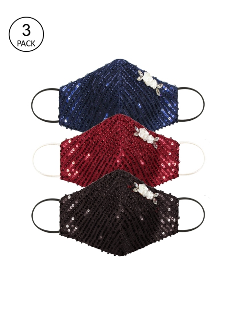 

Daffodils GIRLS WEAR Women Pack Of 3 Embellished 5-Ply Reusable Cloth Mask, Black