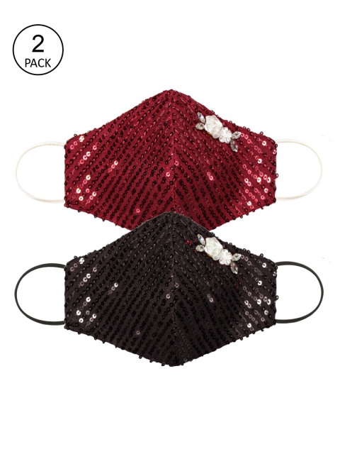 

Daffodils GIRLS WEAR Women Pack Of 2 Embellished 5-Ply Reusable Cloth Mask, Black