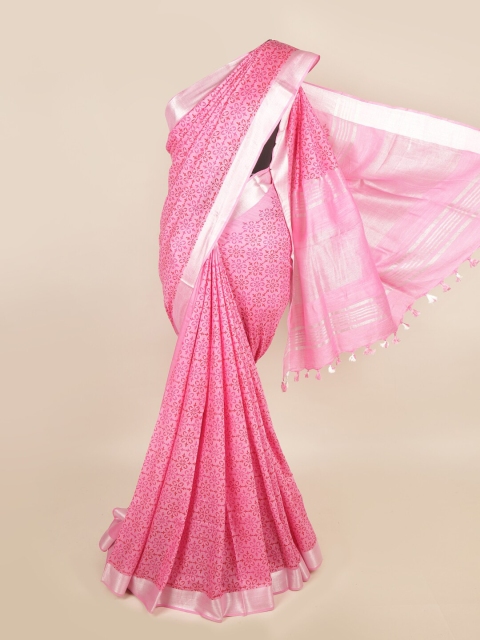 

Pothys Pink & Silver-Toned Floral Zari Linen Blend Saree