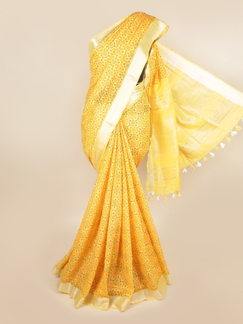 

Pothys Yellow & Silver-Toned Ethnic Motifs Linen Blend Saree