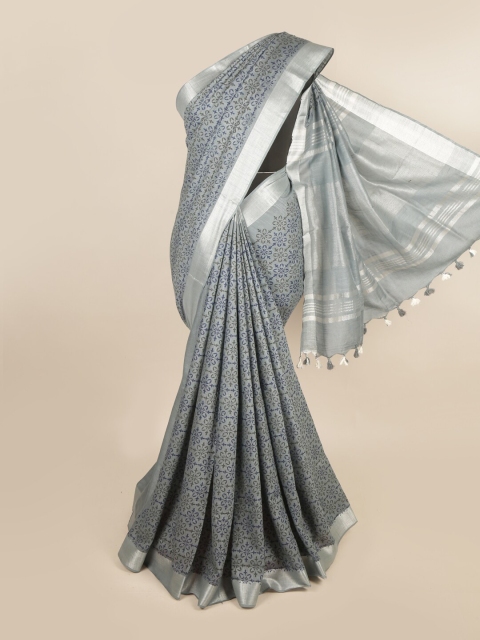 

Pothys Grey & Blue Ethnic Motifs Zari Linen Blend Saree