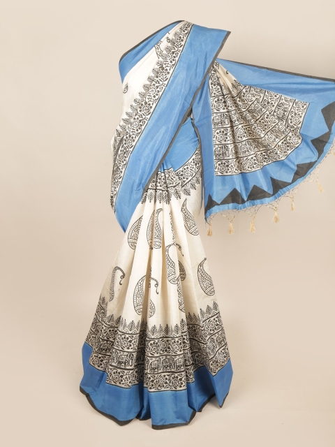 

Pothys Cream-Coloured & Blue Floral Art Silk Saree