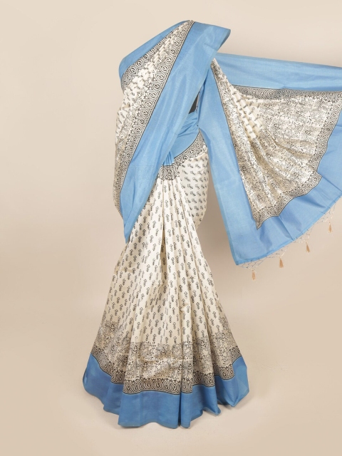

Pothys Cream-Coloured & Blue Floral Art Silk Saree