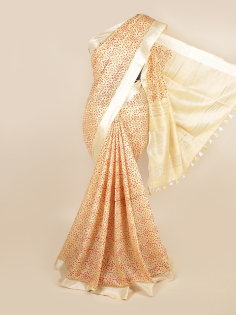 

Pothys Tan & Maroon Floral Zari Linen Blend Saree