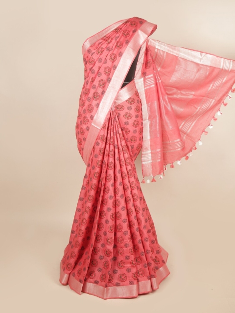 

Pothys Coral & Silver-Toned Linen Blend Saree