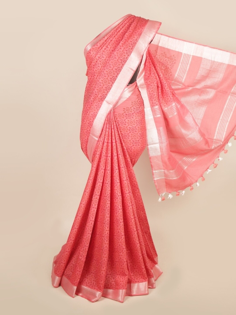 

Pothys Coral & Silver-Toned Ethnic Motifs Zari Linen Blend Saree