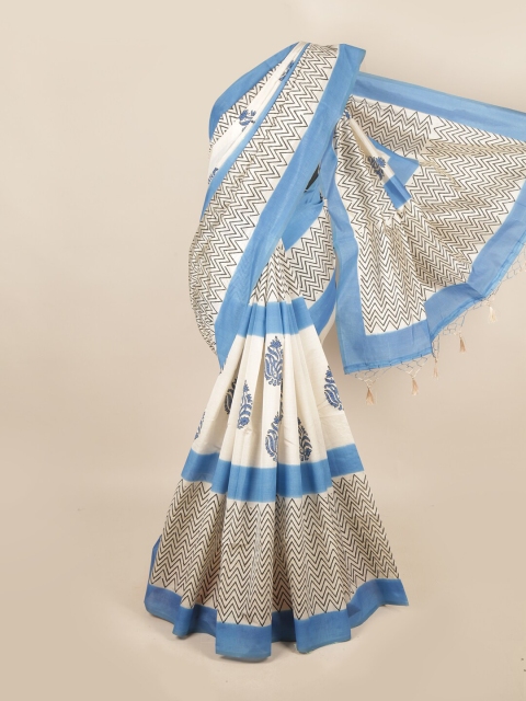 

Pothys Cream-Coloured & Blue Ethnic Motifs Art Silk Saree