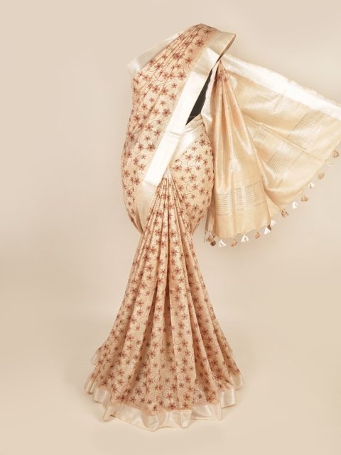 

Pothys Brown & Silver-Toned Floral Zari Linen Blend Saree