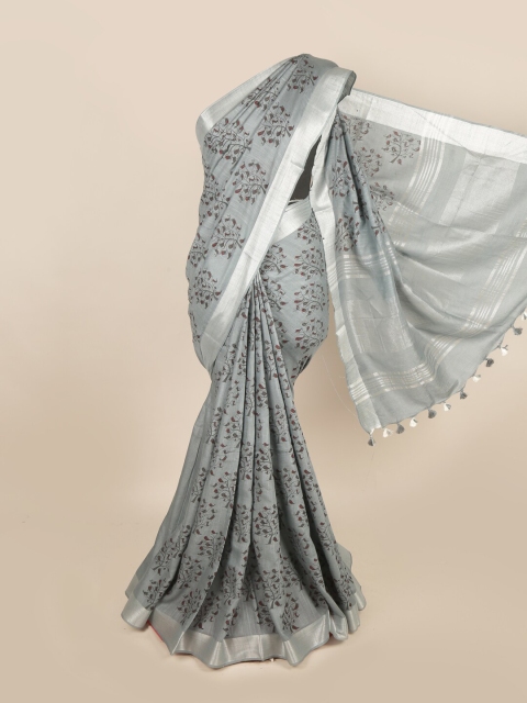 

Pothys Grey & Silver-Toned Floral Zari Linen Blend Saree