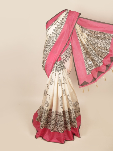 

Pothys Cream-Coloured & Pink Paisley Art Silk Saree