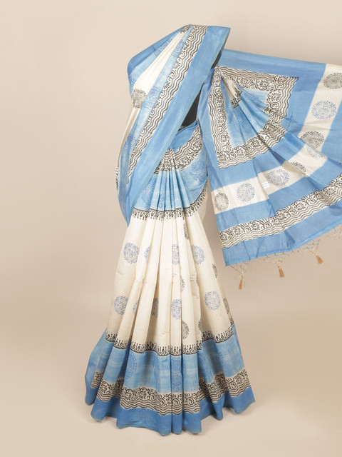 

Pothys Cream-Coloured & Blue Floral Art Silk Saree