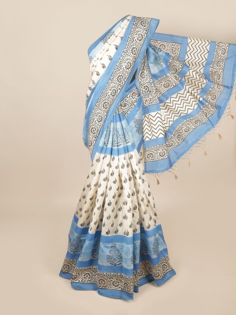 

Pothys Cream-Coloured & Blue Floral Art Silk Saree
