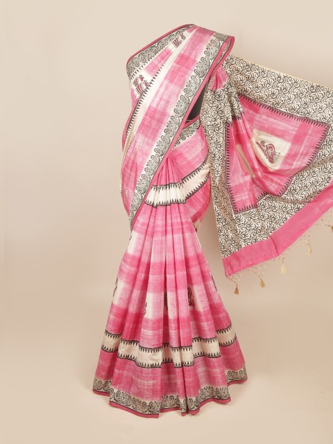 

Pothys Cream-Coloured & Pink Ethnic Motifs Art Silk Saree