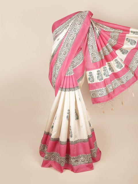 

Pothys Cream-Coloured & Pink Ethnic Motifs Art Silk Saree