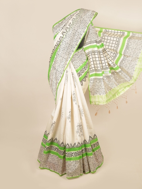 

Pothys Cream-Coloured & Green Ethnic Motifs Art Silk Saree