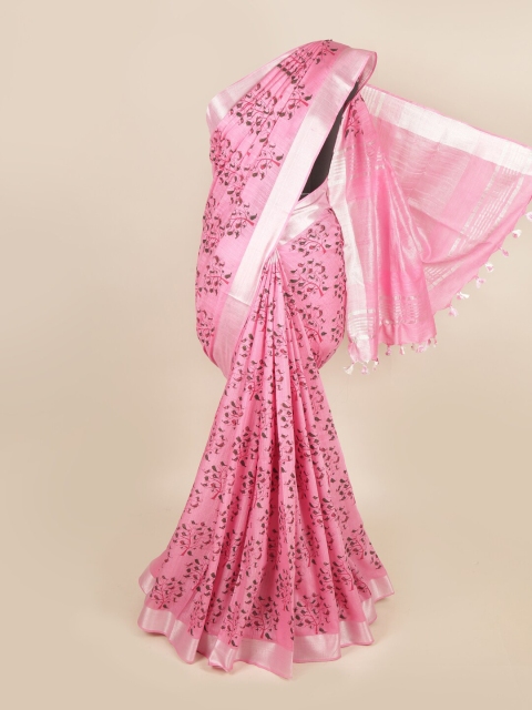 

Pothys Pink Floral Zari Linen Blend Saree