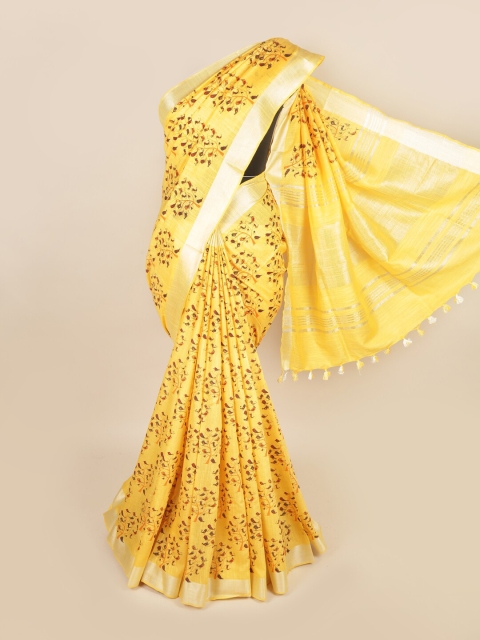 

Pothys Yellow & Red Floral Zari Linen Blend Saree