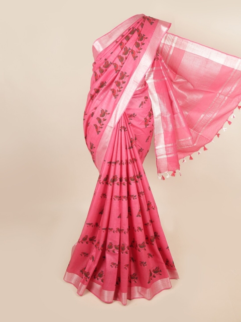 

Pothys Pink & Silver-Toned Floral Zari Linen Blend Saree